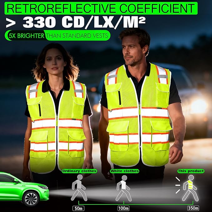 BeautyWill Custom Logo 10 Pockets Safety Vest Class2 ANSI Certified High Visibility Reflective Vest