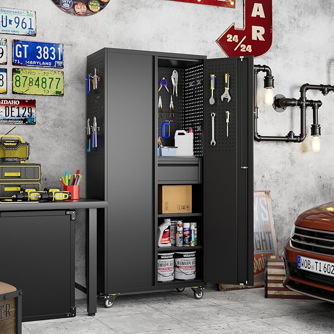Metal Storage Cabinet with Drawers, Locking Garage Tool Cabinets on Wheels with Pegboards and Hooks for Warehouse Homes, Offices, Assembly Required(Black)