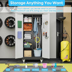 Broom Closet Storage Cabinet with Hanging Rod, 71" H Garage Storage Cabinet with Wheels and Pegboard & 13 Hooks for Garage, Home, Metal Cabinets, Black and White