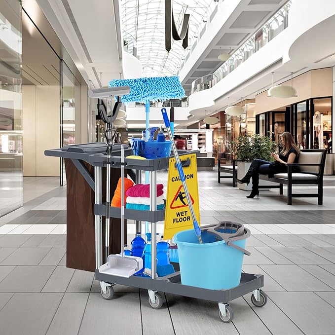 Heavy Duty Janitorial Cleaning Cart on Wheels – 3 Shelves, 220 Lbs Capacity, Cover & Large Vinyl Bag – Utility Housekeeping Caddy for Hotels, Schools, Apartments and More