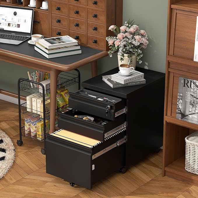 3 Drawer Black File Cabinet with Lock,25.6" H Small Filing Cabinet for Under Desk,Metal Mobile File Cabinet for Home Office Organizer Letters/Legal/A4(Assembly Required)