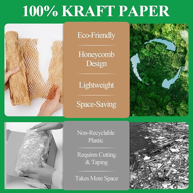 Honeycomb Packing Paper Wrap 12"x60' Recycled Bubble Cushioning Wrap Roll Eco Friendly Shipping Boxes Moving Wrap Packing Supplies Material with 10 Fragile Sticker Labels