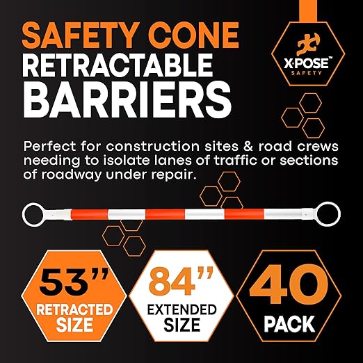 Retractable Barrier for Safety Traffic Cones - 2" OD - Large Yellow and Black Bar Barricade - for Road Construction, Parking, Warning, Temporary Security Divider (40, Orange & White, 53" x 84")