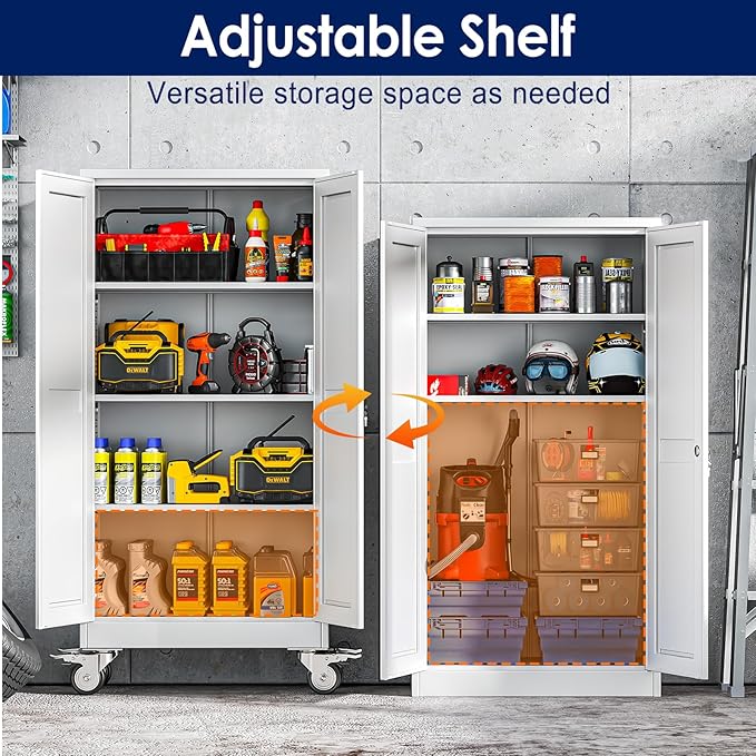 61" H Metal Garage Storage Cabinet, Rolling Tool Cabinet with 2 Doors and Wheels, Locker Steel Cabinet with 3 Adjustable Shelves, Organization Cabinet for Garage,Office,Home,Gym,School（White）
