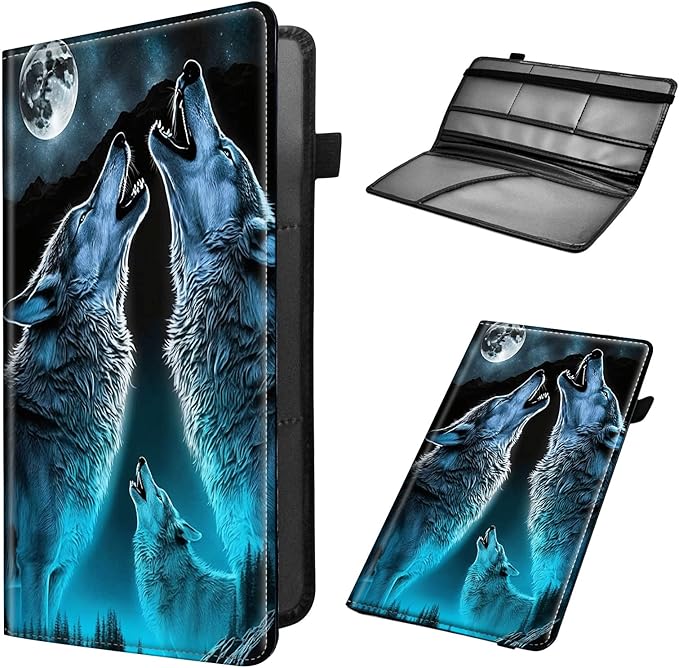 Car Registration and Insurance Holder, Leather Car Glove Box Organizer, Cool Car Accessories for ID, Driver's License Cards & Essential Document, business cards, Men&Women,Howling Wolf/Moon