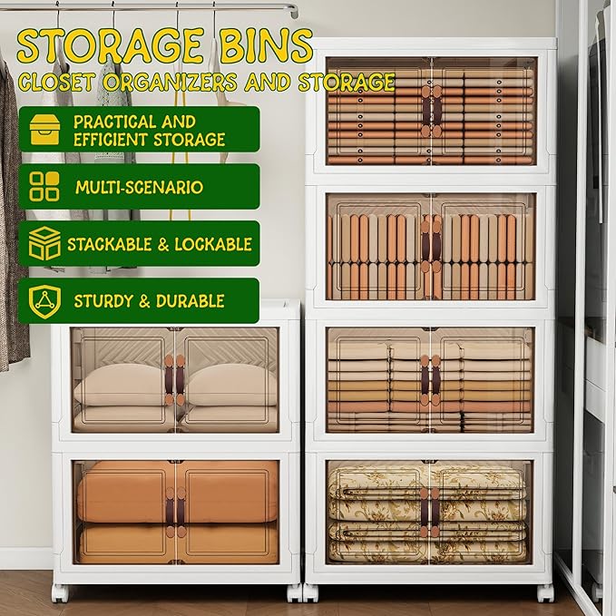 Storage Bins with 2 Lids and Wheels, 942QT-157QT*6Tier Collapsible Bathroom Storage Cabinet with Clear Doors, Plastic Stackable Closet Organizers and Containers White