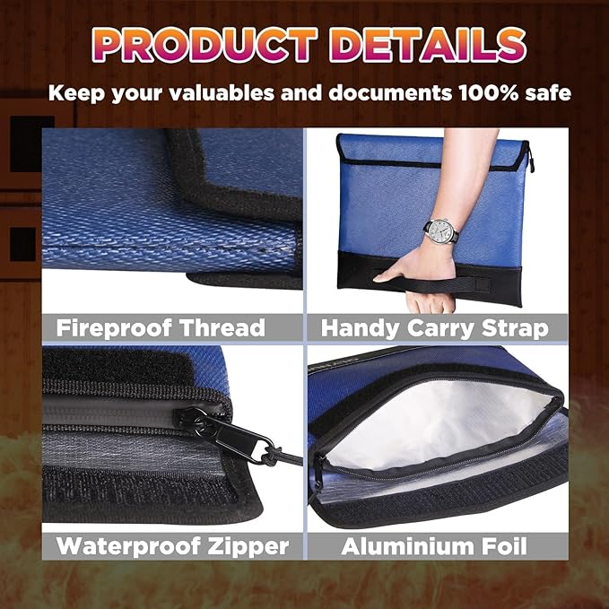 4200℉ Fireproof Bag for Cash, Documents and Valuables - A4 (11x13.3") - Waterproof, Portable, and Reflective Money Bag with Handheld Strap - Ideal for Home, Office & Travel