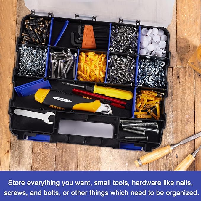 Hardware Organizer Box 34 Compartments Small Parts Organizer with Removable Dividers Durable Plastic Double Side Tools Box Screw Organizers For Nuts, Bolts, Screws, Nails 2Pack