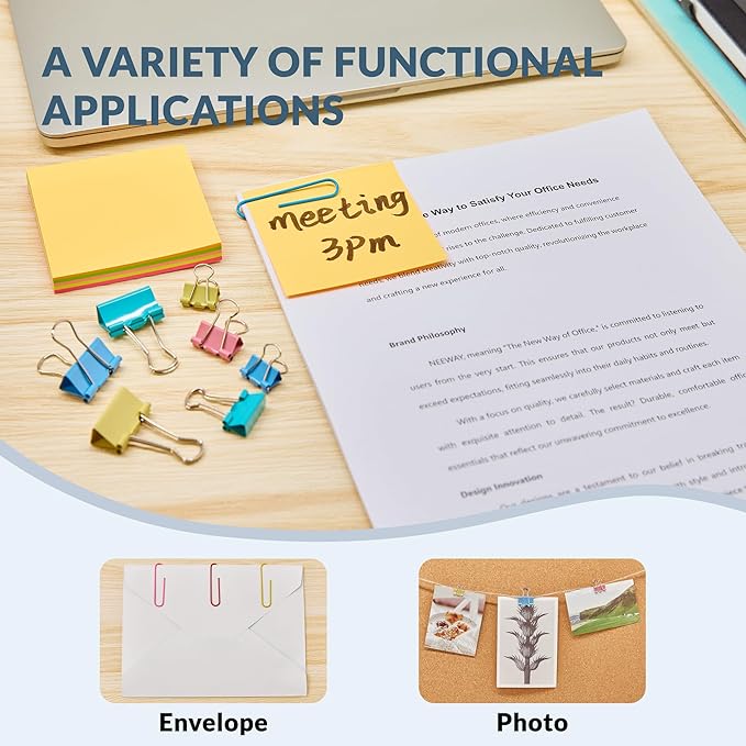 NEEWAY 300pcs Paper Clips and Binder Clips Assorted Sizes with 100 Sheets Sticky Notes, Colored Paper Clips Set for Home, Office Supplies