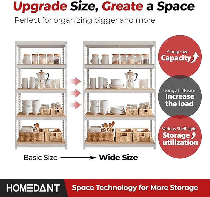 HOMEDANT 47.7" W Deep 5 Tier Heavy Duty Garage Shelving Adjustable Metal Rack Storage Shelves Standing Shelf Unit Organizers Industrial Warehouse Basement White 1Pack