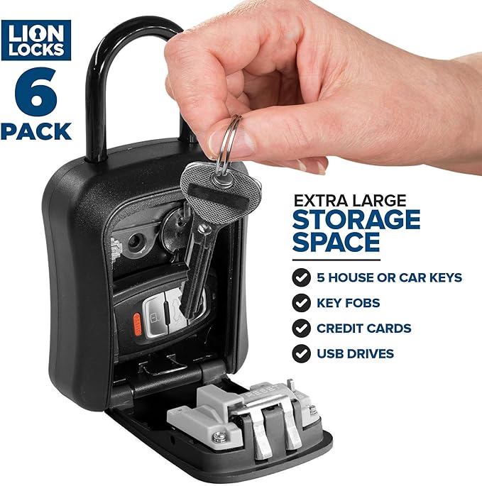 Lion Locks Lock Box for Keys, 6 Pack Black - Secure Key Safe Solution with Combination Lock for Homes, Real Estate, Businesses, Gyms, Schools