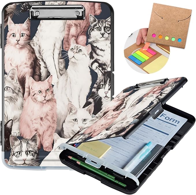 Clipboard with Storage,Storage Clipboard with Pen Holder,Heavy Duty Plastic Storage Clipboard with Low Profile Clip, Clipboard Folder, Teacher Must Haves, Office Supplies,Many Cute Cats