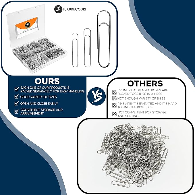 500 Pack Paper Clips by Luxurecourt - 3 Assorted Sizes of Silver Small and Large Paperclips Bulk, Rust-Resistant Nickel Plated Steel Clips, Essential for Organization - Home, School, Office Supplies