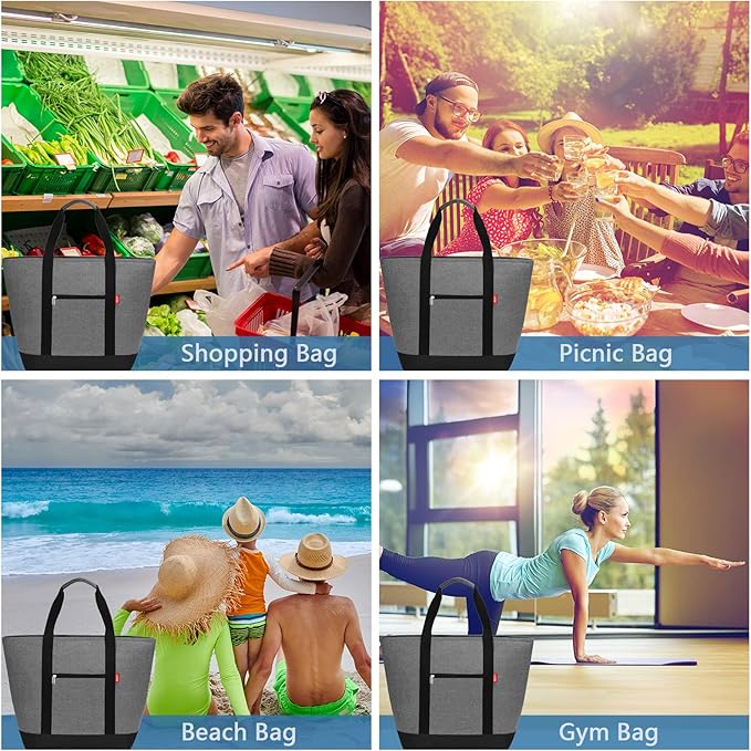 LHZK Jumbo Insulated Cooler Bag with HD Thermal Insulation - Collapsible Leakproof Insulated Tote Bag with Zippered & Handles, Soft Cooler Makes a Perfect Grocery, Beach, Travel, Picnic (50L, Grey)