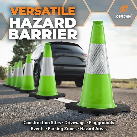 Xpose Safety 18" Lime Traffic Cones 6" Reflective Collar - Bulk Half Pallet 450 Pack - Premium PVC Safety Cone for Parking, Caution, Construction, Road Crews, Emergency Vehicle - DOT Approved