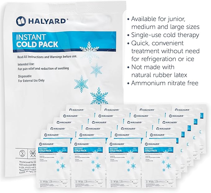 HALYARD Instant Cold Pack Disposable Cold Compress Ice Packs w/Flocking for Swelling Injuries Toothaches Sprains Strains 6 x 9 Inches, 24 Packs Per Case - 51788