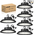 UFO LED High Bay Light 150W 6 Pack, High Bay LED Shop Light 22,500LM 0-10V Dimmable, 5' Cable with US Plug, Hanging Hook, Safe Rope, ETL Listed High Bay Light for Warehouse Factory Barn Shop