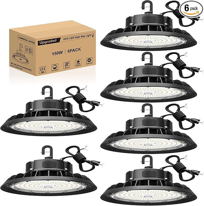 UFO LED High Bay Light 150W 6 Pack, High Bay LED Shop Light 22,500LM 0-10V Dimmable, 5' Cable with US Plug, Hanging Hook, Safe Rope, ETL Listed High Bay Light for Warehouse Factory Barn Shop