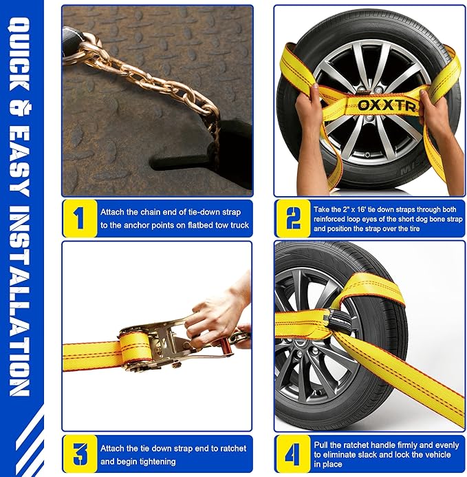 8 Point Roll Back Vehicle Tie Down Kit,Tow Truck Flatbed Straps with Chain Extension on Both Ends,WLL 3300 lbs,Heavy Duty Car Hauler Tire Over Wheel Tie Down Straps