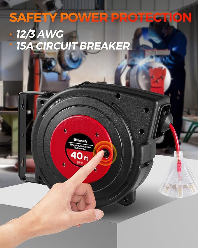 Retractable Extension Cord Reel, 40 FT Heavy Duty Power Cord, 12AWG/3C SJTOW, 3 Grounded Outlets Lighted Triple Tap, 15 Amp Circuit Breaker, UL Listed, Red R40CR06