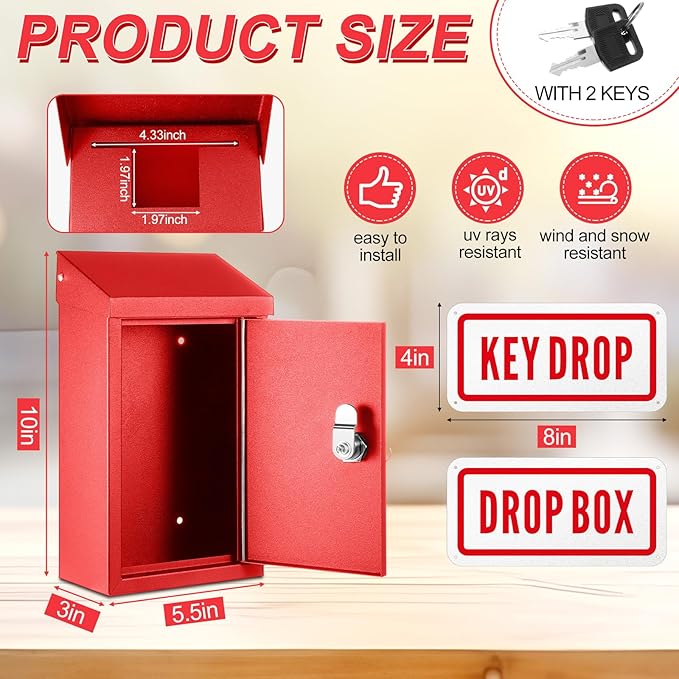 Metal Mount Wall Donation Box Key Lock Money Cash Drop Box with Top Slot and 2 Pcs Reflective Sign 10 x 5.5 x 3 Inch Safe Lock Mailbox with 2 Keys for Outside Office Business Home(Red)