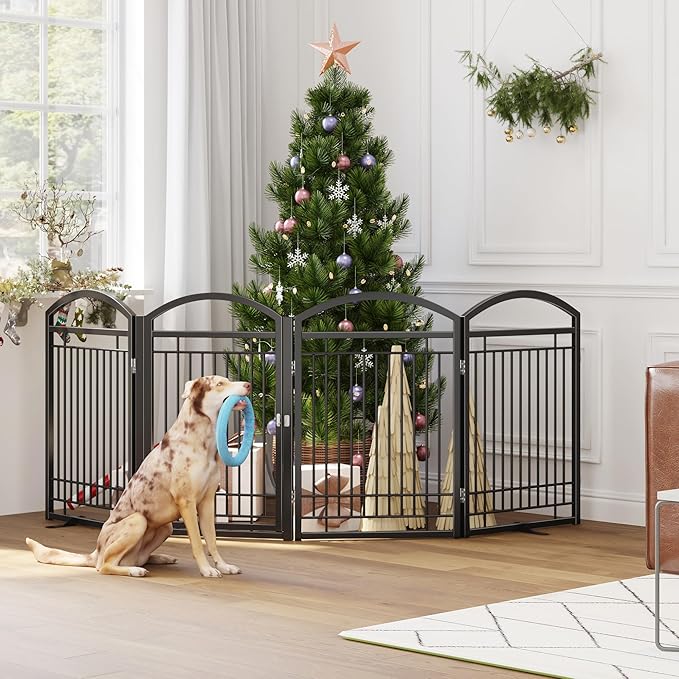 Folding No-Assembly Metal Freestanding Dog Gate with Door Walk Through,32" Height Pet Fence,96" Extra Wide Accordion Puppy Folding Playpen for Doorways,House,Stairs (4 Panels,Black)