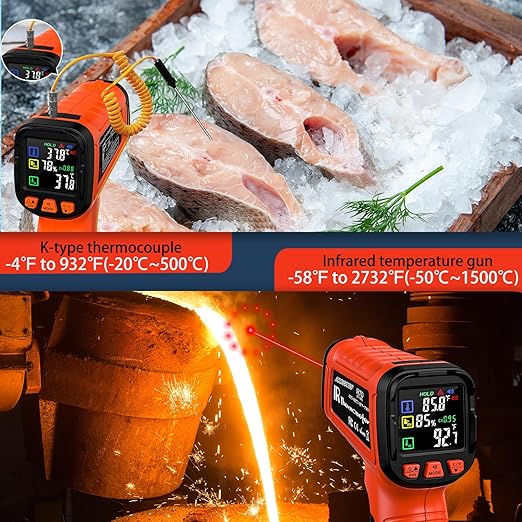 -58°F to 2732°F Infrared Thermometer Temperature Gun, 50:1 Laser Thermometer Gun for Oven, HVAC, Humidity Measurement Wood, Wall, IR Temp Gun for Engine, Forging, Industrial & Home