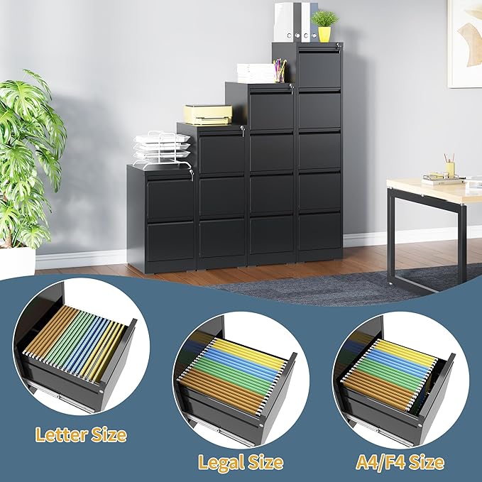 2 Drawer File Cabinet with Lock, Vertical Filing Cabinets for Home Office, Metal Storage Cabinets, Heavy Duty File Cabinet for Letter/Legal/A4/F4 Size Amssebly Required, Black