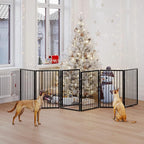 Vantas Folding No-Assembly Metal Pet Gate 120" Wide, 24" Extra Tall Dog Gate with Door Walk Through, Freestanding Accordion Puppy Gate Dog Door for Indoor & Outdoor, with 2PCS Support - Black
