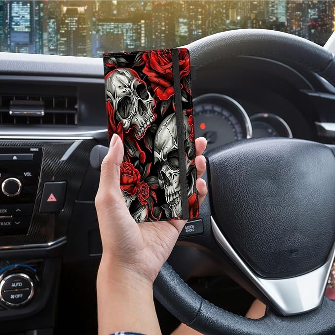 Car Registration and Insurance Holder,Leather Vehicle Glove Box Organizer Wallet for Document,Perfect for any Car,Truck,Motorcycle,Driver License,Trailer or Boat,Men & Women,Skull Red Rose