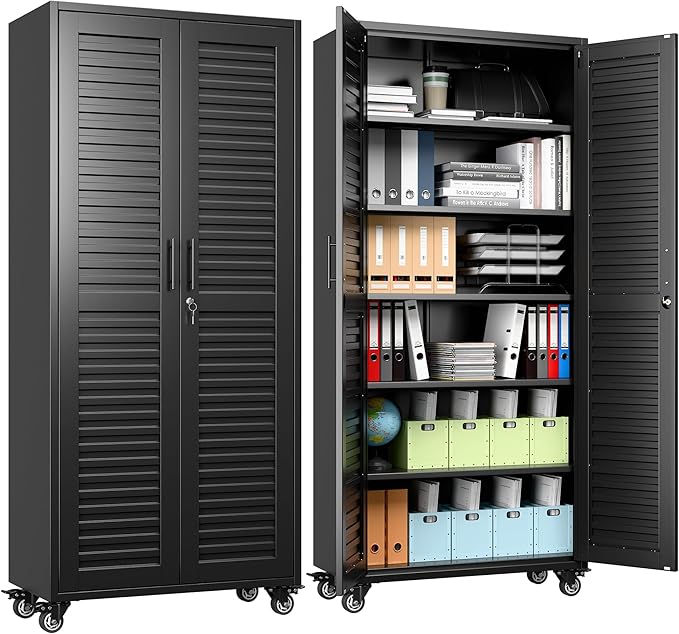 Aobabo Metal Storage Cabinet with Wheels, Locking Steel Storage Cabinet with 5 Shelves,15.75" D x 31.5" W x 71" H, for Garage School Office, Black
