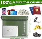 Waterproof Fireproof Document Bag - 5200°F with Heat Insulated, fireproof bags with Zipper, Fire Safe Envelope Bag for Cash/Important Documents/Valuables, fire proof money bag (Green, 13.9"x10.6")