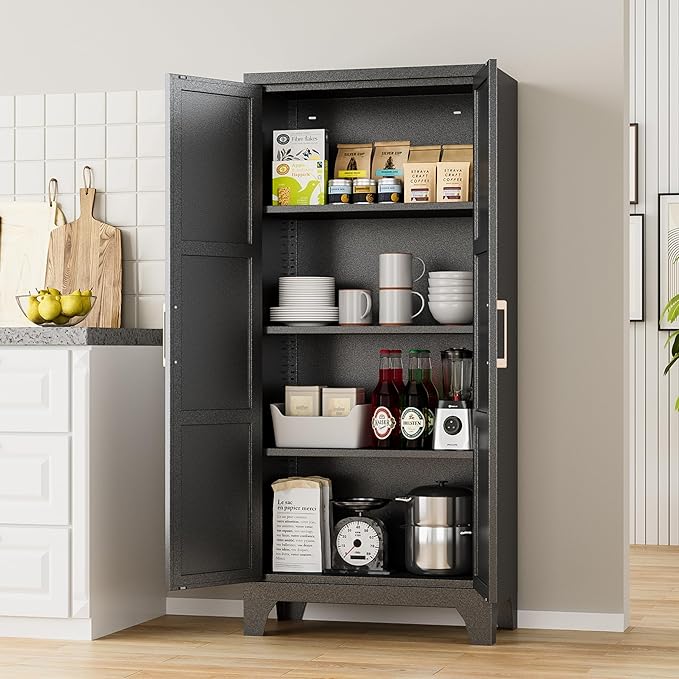 Pantry Cabinets for Kitchen,61.02” Tall Storage Cabinets,Metal Pantry Storage Cabinet with 2 Doors and 3 Adjustable Shelves for Kitchen/Black