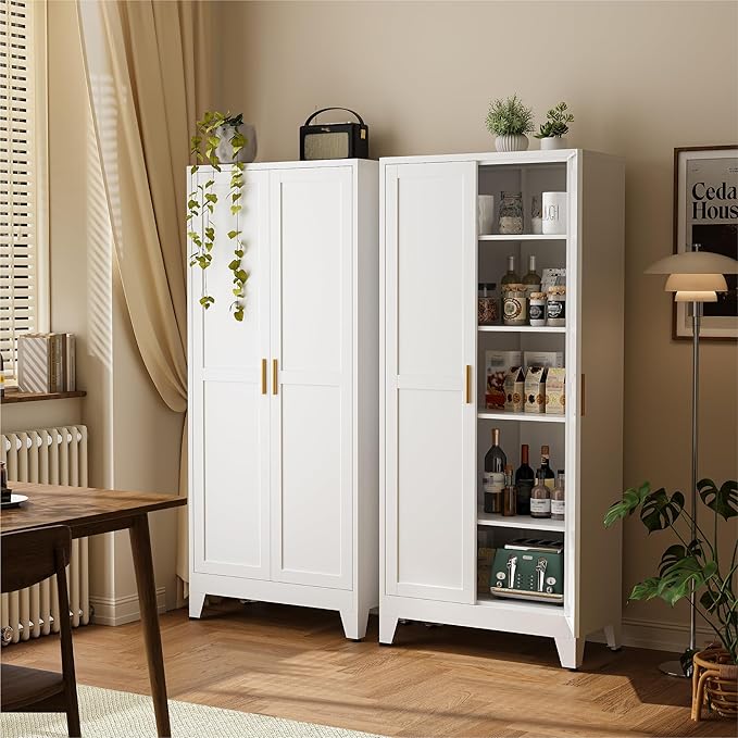 COFaR 71" Tall Pantry Cabinet with 5 Adjustable Shelves, White Storage Cabinet with Doors, Sturdy Freestanding Cupboard for Kitchen Organization, Living Room & Bathroom