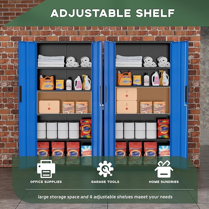 Greenvelly Metal Storage Cabinet, 72" Locking Metal Garage Storage Cabinet with Doors and 4 Adjustable Shelves, Lockable Steel Cabinet for Home Office, Garage, Shop, School (Blue 32" W x 16" D)