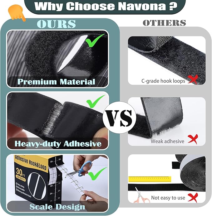 Navona 2 Boxes Heavy Duty Hook and Loop Strips with Adhesive, 60Ft Total x 1 Inch Hook and Loop Tape with Backing for Home, Office, School, and Crafting Projects, Black