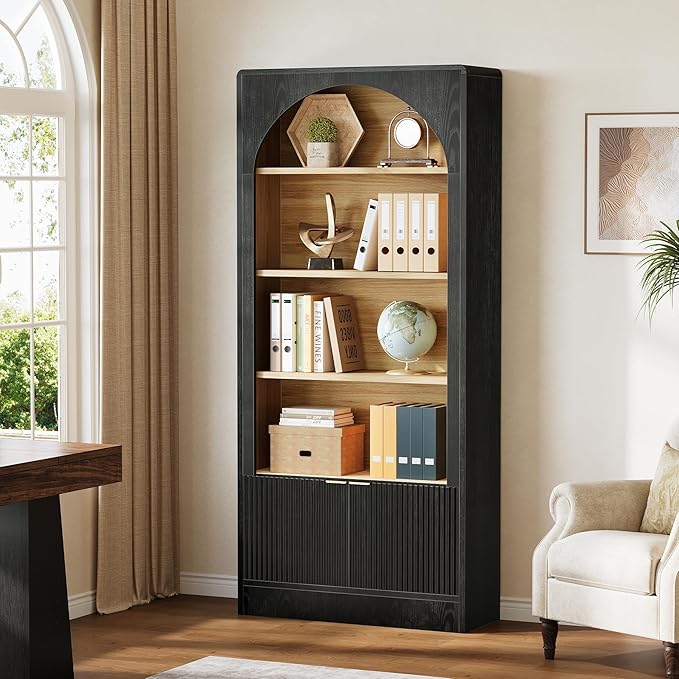Tribesigns 71" Tall Office Storage Cabinet with Doors, Arched Bookshelf File Organizer with Storage and Shelves, Modern Farmhouse Standing Bookcase for Home Office, Printer Storage, Black