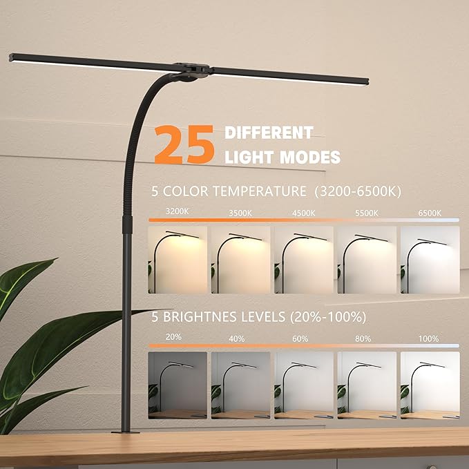 Desk Lamp Home Office,15W Dual Screen Monitor Light with Clamp,Adjustable Gooseneck Computer Light with Stepless Color Temp and Dimming for Architect Work (Black)