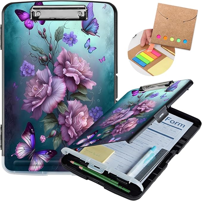 Clipboard with Storage,Heavy Duty Plastic Storage Clipboard with Low Profile Clip,Teacher Must Haves,Office Supplies,Pink Butterfly Flower