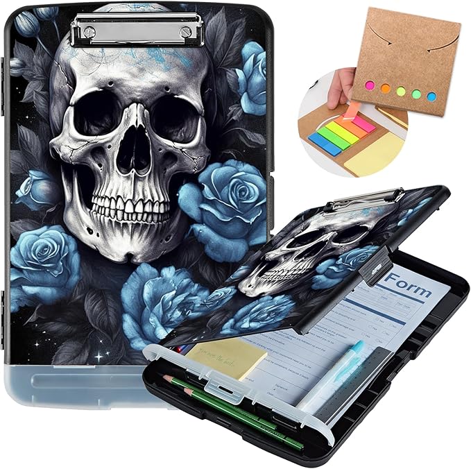 Clipboard with Storage,Heavy Duty Plastic Storage Clipboard with Low Profile Clip,Teacher Must Haves,Office Supplies,Blue Skull Rose Flower