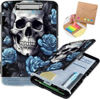 Clipboard with Storage,Heavy Duty Plastic Storage Clipboard with Low Profile Clip,Teacher Must Haves,Office Supplies,Blue Skull Rose Flower