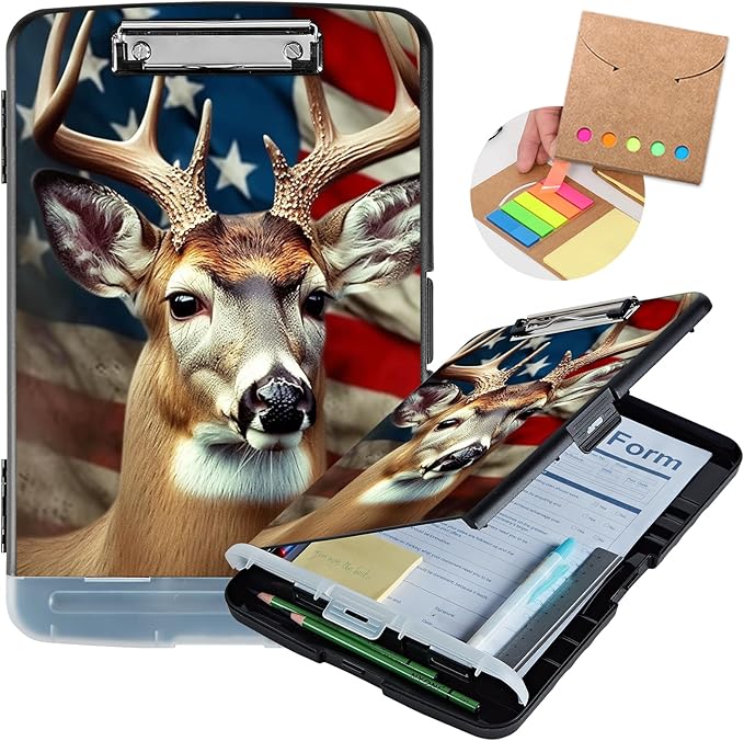 Clipboard with Storage,Heavy Duty Plastic Storage Clipboard with Low Profile Clip,Teacher Must Haves,Office Supplies,American Flag Deer