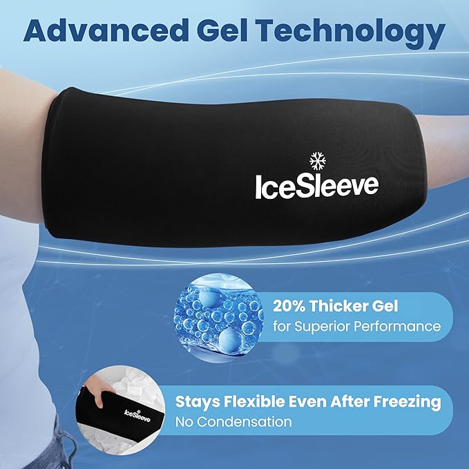 IceSleeve Elbow & Knee Ice Pack Wrap, Reusable Ice Sleeve for Arm & Leg, Flexible Gel Ice Pack for Knee Injuries, Tennis Freeze Sleeve Elbow Compression Wrap, Cold & Heat Therapy, Black SM 1 Pack