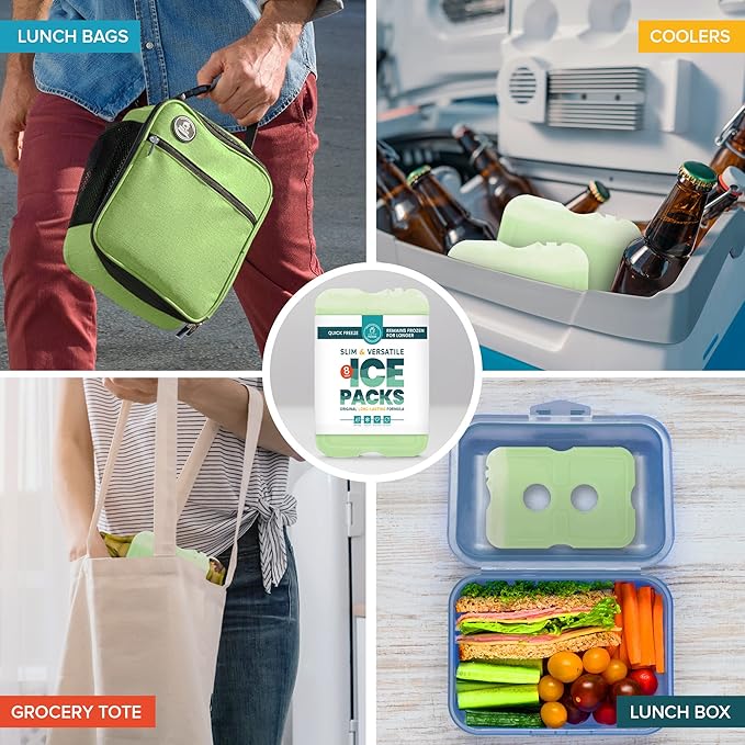 Healthy Packers Reusable Ice Packs for Lunch Boxes - Long Lasting Slim Freezer Packs, Thin Non-Toxic BPA-Free Hard Gel Ice Blocks for Coolers, Kids & Adults Lunch Bags, Travel, Camping, Food Storage