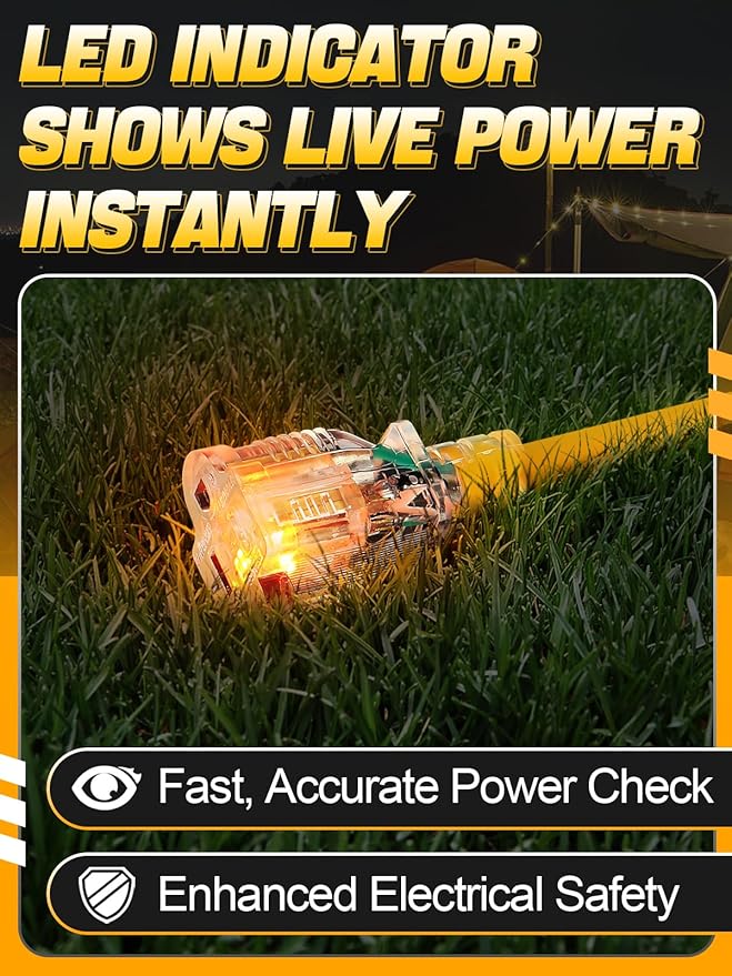Lighted End Heavy Duty Outdoor Extension Cord Waterproof -16AWG, 3 Prong, 15A, 1875W, Flexible Yellow Power Extension Cord for Outsides, 6ft
