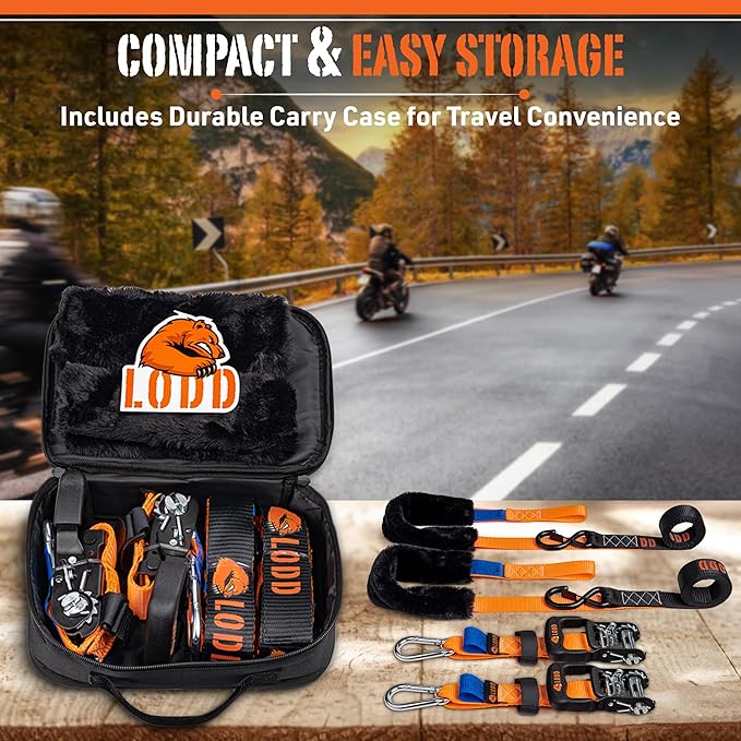 LODD – Motorcycle Tie Down Straps with Ratchets and Soft Sheepskin Loops – 1.5” Wide – 3,300 lbs Strength – Heavy-Duty Steel Hooks – for Motorcycles, Dirt Bikes, ATVs – Carrying Case Included