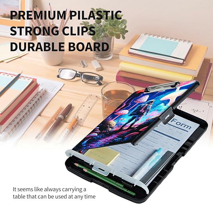 Clipboard with Storage High Capacity Plastic Nursing Clipboards with Pen Holder File Folder Storage Box Clipboard with Heavy Duty Clips for Teacher,Doctor,Offices-Astronaut Under Mushroom
