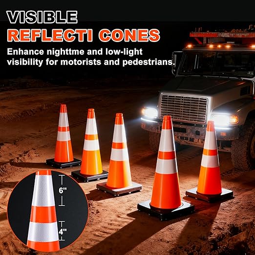 28" Orange PVC Construction Cones - 8 Pack with Reflective Collars & Black Base, for Roadwork, Parking, and Crowd Control Safety