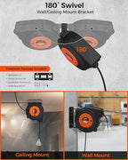 Retractable Extension Cord Reel, 45 FT Heavy Duty Power Cord, 12AWG/3C SJTOW, 3 Grounded Outlets Lighted Triple Tap, 15 Amp Circuit Breaker, UL Listed, Orange B45CR06