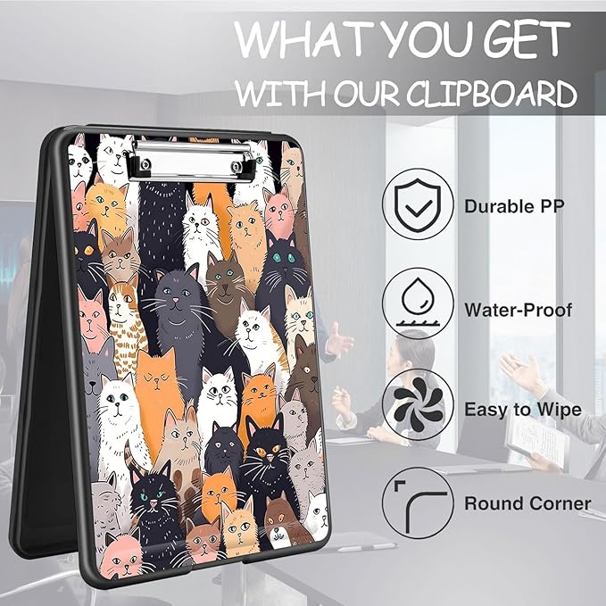 Clipboard with Storage, High Capacity Plastic Storage Clipboard with Low Profile Clip for Women Teachers Work, School & Office Supplies, Cute Pattern Decorative Clipboards, Cat